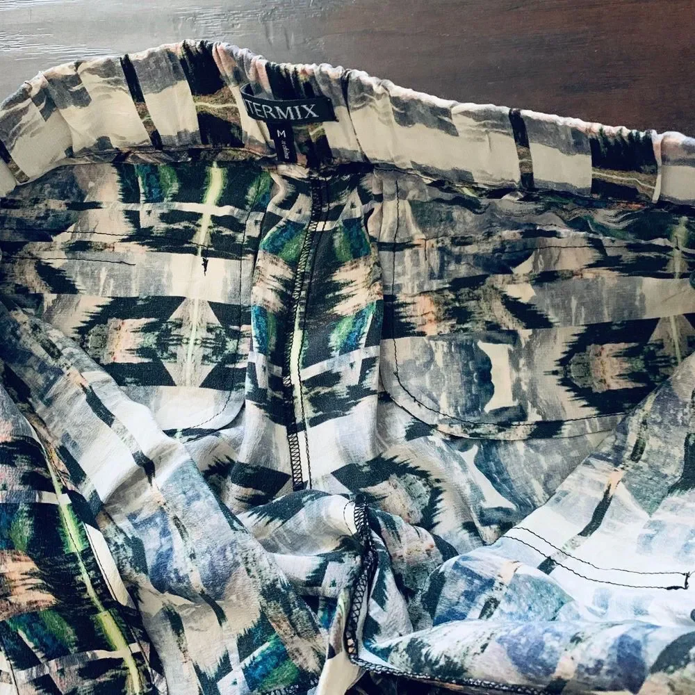 INTERMIX Women's Aztec Geo Watercolor Print 100% Silk Dress Shorts | Size: M